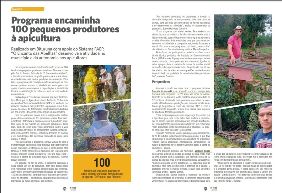 Bituruna é destaque na revista do Sistema FAEP com programa “Encanto das Abelhas”